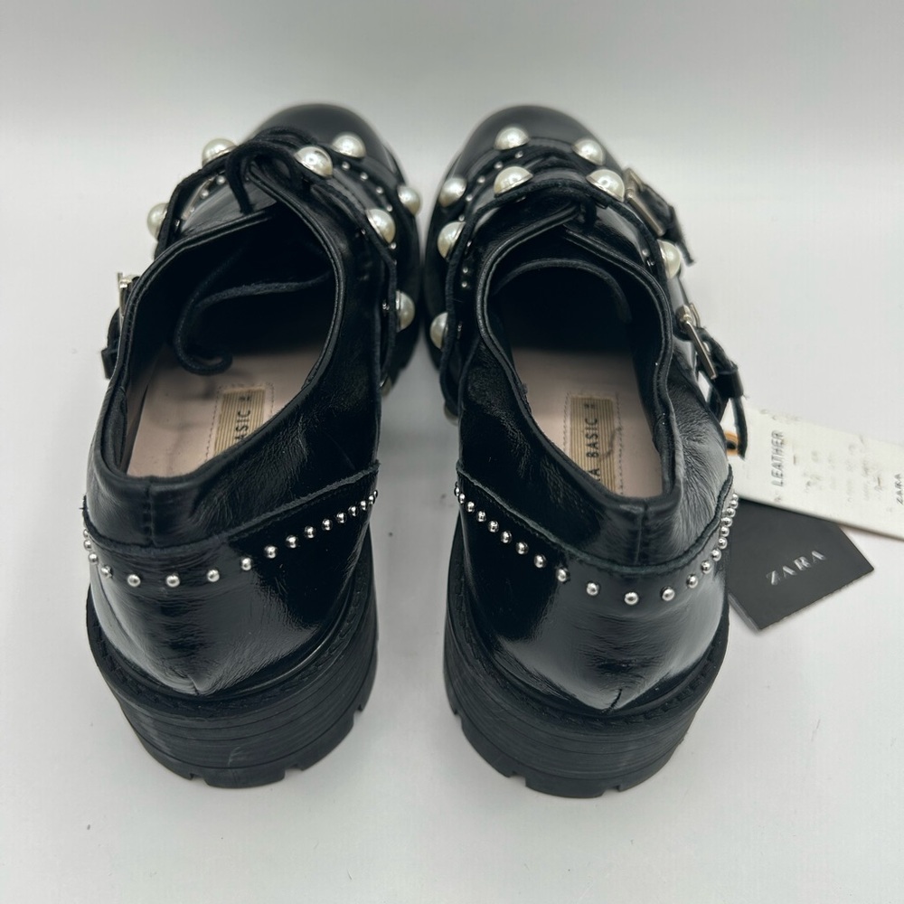 Zara Women’s Patent Leather Studded Pearl Oxford Loafer Shoe Size 36 ( USA 6 ) - Picture 4 of 11